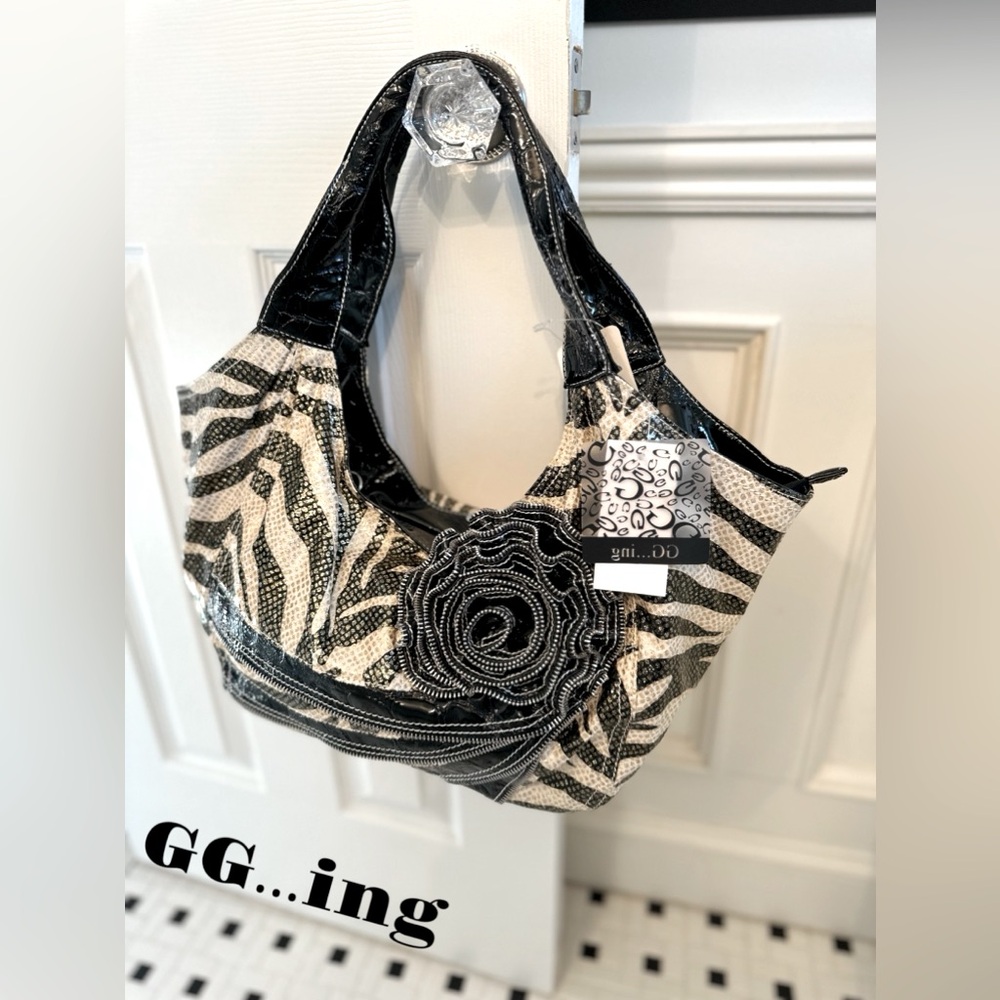 GG…ing zebra and black patent leather baguette shoulder bag